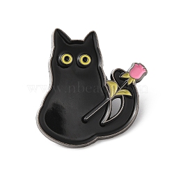 Alloy Brooches, Enamel Pins, for Backpack Cloth, Cat with Rose, Black, 30.5x29x1.5mm(JEWB-D014-09B-04)