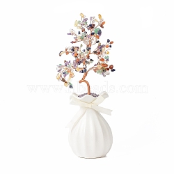 Natural Gemstone Chips with Brass Wrapped Wire Money Tree on Ceramic Vase Display Decorations, for Home Office Decor Good Luck , 150x81x280mm(DJEW-B007-01D)