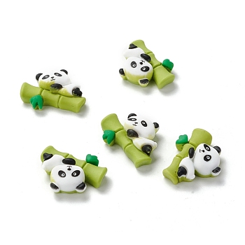 Opaque Resin Cabochons, Cartoon Style, Panda on Bamboo, Yellow Green, 20x25x8mm
