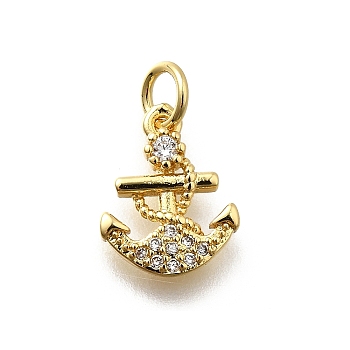 Brass Micro Pave Cubic Zirconia Charms, Anchor Charms, Lead Free & Cadmium Free, Long-Lasting Plated, Rack Plating, with Jump Ring, Real 18K Gold Plated, 12.5x9.5x2mm, Hole: 3mm