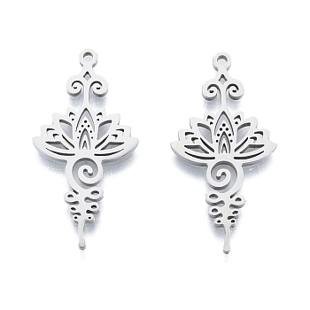 201 Stainless Steel Pendant,  Hollow Charms, Flower, Stainless Steel Color, 33.5x17x1.5mm, Hole: 1.5mm