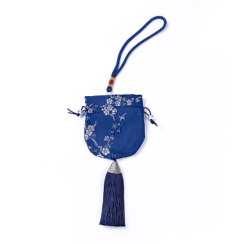 Silk Packing Pouches, Vintage Scented Sachet Perfume Bag, with Tassel, Dark Blue, 32~34cm