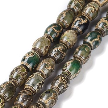 Tibetan Style dZi Beads Strands, Natural Agate Beads, Dyed & Heated, Oval, Green Tara Pattern, 13~14x9.5~10mm, Hole: 1.2mm, about 25pcs/strand, 13.39''(34cm)