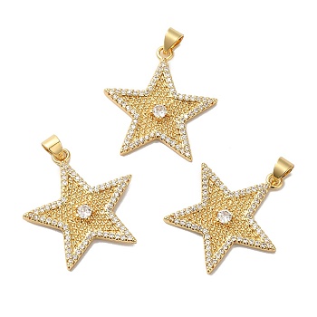 Rack Plating Brass Pave Cubic Zirconia Pendants, Lead Free & Cadmium Free, Real 18K Gold Plated, Long-Lasting Plated, Star Charm, Clear, 26x25x3mm, Hole: 4x3.5mm