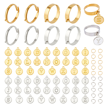 DIY Initial Letter Alphabet Charm Adjustable Ring Making Kit, Including 304 Stainless Steel Loop Ring Bases, Jump Rings, Alloy Pendants, Golden & Stainless Steel Color, 100Pcs/box