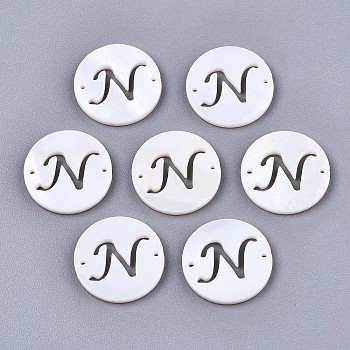 Natural Freshwater Shell Links Connectors, Flat Round with Letter, Letter.N, 14.5x1.5mm, Hole: 0.9mm