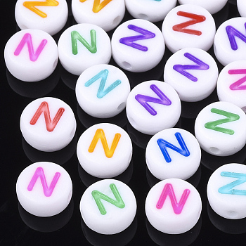 Initial Acrylic Beads, Horizontal Hole, Flat Round, Mixed Color, Letter.N, 7x3.5~4mm, Hole: 1.2mm, about 3700pcs/500g