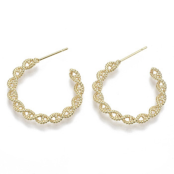 Brass Half Hoop Earrings, Stud Earring, with Stainless Steel Pins, Nickel Free, Ring, Real 18K Gold Plated, 28x27mm, Pin: 0.7mm