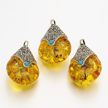 Teardrop Tibetan Style Pendants, Alloy Findings with Beeswax, Antique Silver, Goldenrod, 38x22.5x17.5mm, Hole: 4mm
