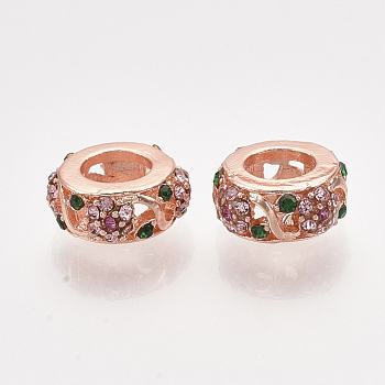 Alloy European Beads, Large Hole Beads, with Rhinestones, Flat Rondelle with Flower, Colorful, Rose Gold, 10.5x4.5mm, Hole: 5mm