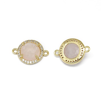 Natural Rose Quartz Links connectors, with Brass Findings and Cubic Zirconia, Faceted, Half Round, Golden, 18~18.5x13~13.5x4~4.5mm, Hole: 1.5mm