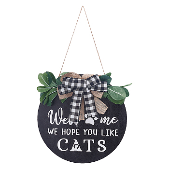 Natural Wood Hanging Wall Decorations for Front Door Home Decoration, Flat Round with Bowknot, Word Welcome we hope you like cats, Black, 30x30x1.5cm