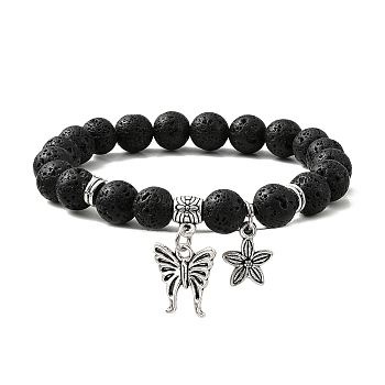 Natural Lava Rock Round Beaded Stretch Bracelets, with Tibetan Style Alloy Butterfly Charms, Inner Diameter: 2 inch(5~5.1cm)