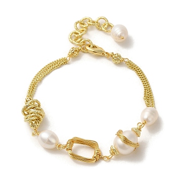 Brass Wire Wrapped Rectangle Link Bracelet, with Natural Pearl Beaded, Real 14K Gold Plated, 7-3/8 inch(18.6cm)