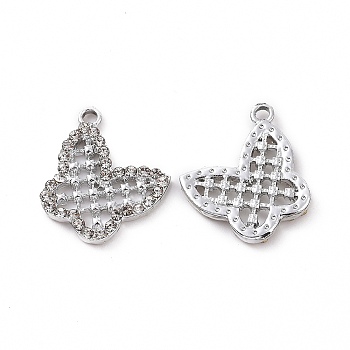 Alloy Crystal Rhinestone Pendants, Hollow Out Butterfly Charms, Platinum, 16x16.5x2.2mm, Hole: 1.6mm