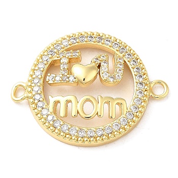 Brass Micro Pave Clear Cubic Zirconia Mama Connector Charms, Mother's Day Word Links, Real 16K Gold Plated, Flat Round, 20x26x4mm, Hole: 1.8mm