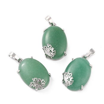 Natural Green Aventurine Pendants, with Platinum Tone Brass Findings, Cadmium Free & Lead Free, Oval with Tree, 28~29.5x18.5x9.5mm, Hole: 8x5mm