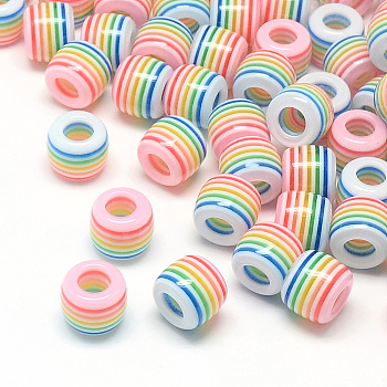 Opaque Stripe Resin Beads, Large Hole Beads, Barrel, Pink, 11x10.5mm, Hole: 6mm