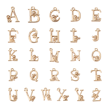 26Pcs 26 Style Brass Micro Pave Clear Cubic Zirconia Pendants, Long-plating, Letter Shapes, Light Gold, 15.5~17x9~11.5x2.5~3.5mm, Hole: 1.5mm, 1pc/style