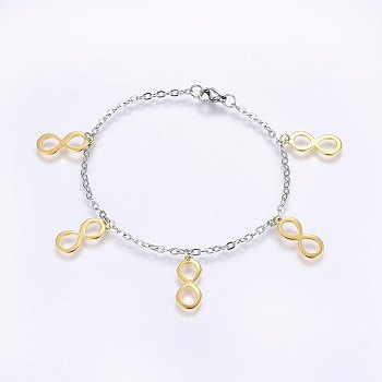 304 Stainless Steel Charm Bracelets, with Lobster Claw Clasps, Infinity, Golden & Stainless Steel Color, 7-7/8 inch(20cm), 2.5mm