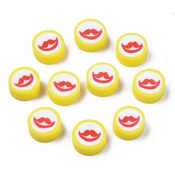 Handmade Polymer Clay Beads, Flat Round with Mouth, Yellow, 9.5~10x4~4.5mm, Hole: 1.6mm