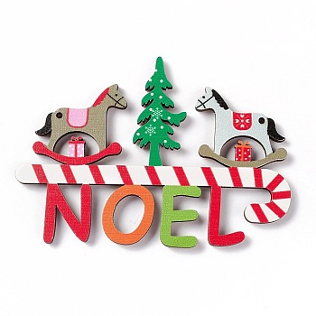 Christmas Decoration Wooden Door Plate, Wood Big Pendants for Door Hanging, Word Noel with Rocking Horses & Christmas Tree, Colorful, 70x100x4mm, Hole: 2mm