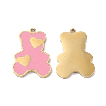 Ion Plating(IP) 316L Surgical Stainless Steel Pendants, with Enamel, Bear with Heart Charm, Real 18K Gold Plated, 17x12.5x1.4mm, Hole: 1mm