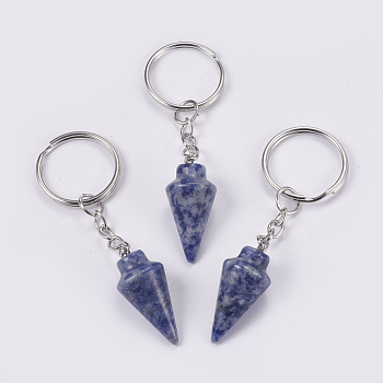 Natural Blue Spot Jasper Keychain, with Iron Key Rings, Platinum, 78mm, Pendant: 32x14mm