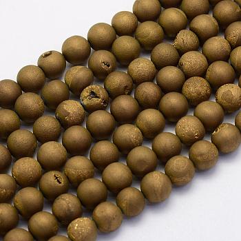 Electroplate Natural Druzy Agate Beads Strands, Round, Frosted, Golden Plated, 8mm, Hole: 1mm, about 45~48pcs/strand, 14.9 inch(38cm)