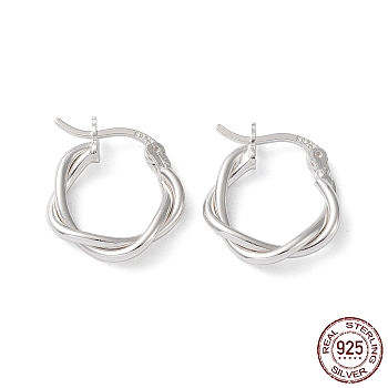 Rhodium Plated 925 Sterling Silver Hoop Earrings, Twist Wire, with S925 Stamp, Real Platinum Plated, 18x3x14.5mm