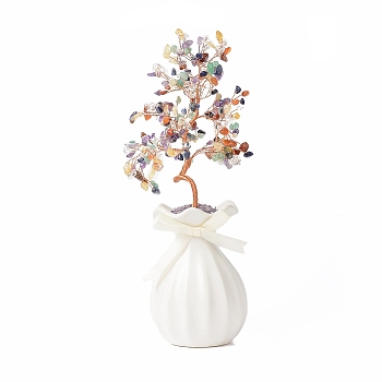 Natural Gemstone Chips with Brass Wrapped Wire Money Tree on Ceramic Vase Display Decorations, for Home Office Decor Good Luck , 150x81x280mm