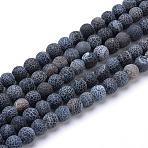 Natural & Dyed Crackle Agate Bead Strands, Frosted Style, Round, Black, 8~8.5mm, Hole: 1mm, about 48pcs/strand, 14 inch(X-G-T056-8mm-01)
