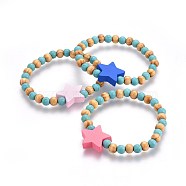 Wood Beads Kids Stretch Bracelets, with Synthetic Turquoise, Star, Mixed Color, 1-5/8 inch(4.2cm)(BJEW-JB04129-04)