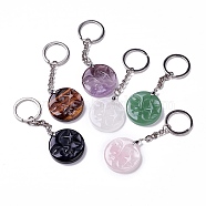 Flat Round with Moon & Star Natural Gemstone Pendant Keychain, with Alloy & Brass Findings, 3.50 inch(8.9cm)(G-G993-01P)