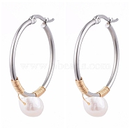 Wire Wrapped 201 Stainless Steel Big Hoop Earrings, with Natural Baroque Pearl Keshi Pearl Beads, Ring Shape, Stainless Steel Color, 38.5x30x2~2.5mm, Pin: 0.5x1.5mm(EJEW-JE04167)