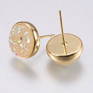 Druzy Resin Earrings, with Brass Finding, Flat Round, Beige, 9.5x16~16.5mm, Pin: 0.8mm(KK-E724-S-07G)