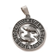 304 Stainless Steel Pendants, Flat Round with Twelve Constellations Charms, Antique Silver, Pisces, 28x25x2mm, Hole: 7x5mm(STAS-C084-01B-AS)