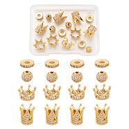 Brass Micro Pave Clear Cubic Zirconia Beads, Crown & Round & Flat Round, Golden, 6~13x2~10mm, Hole: 1~7mm, 16pcs/box(ZIRC-TA0001-10G)