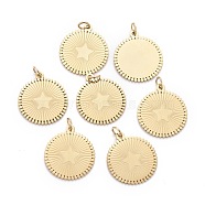 Ion Plating(IP) 304 Stainless Steel Pendants, with Jump Ring, Laser Cut, Flat Round with Star, Golden, 17x15x0.8mm, Hole: 2.8mm(STAS-F256-052G)