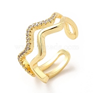 Clear Cubic Zirconia Wave Open Cuff Ring, Brass Jewelry for Women, Real 18K Gold Plated, US Size 6(16.5mm)(KK-H439-10G)