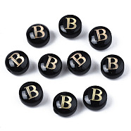 Handmade Lampwork Beads, with Golden Plated Brass Etched Metal Embellishments, Flat Round with Alphabet, Letter.B, 8x5mm, Hole: 0.8mm(LAMP-S196-001B)