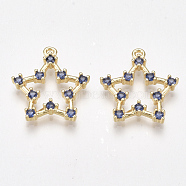 Brass Cubic Zirconia Pendants, Nickel Free, Real 18K Gold Plated, Star, Marine Blue, 18x16.5x2.5mm, Hole: 1mm(KK-T038-505E)