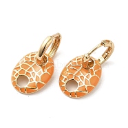 Oval Real 18K Gold Plated Brass Dangle Hoop Earrings, with Enamel, Orange, 21.5x11.5mm(EJEW-L268-007G-06)