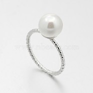 Brass Acrylic Pearl Finger Rings for Wedding Jewelry, Real Platinum Plated, 16mm(RJEW-J061-P)