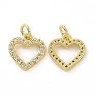 Brass Micro Pave Cubic Zirconia Charms, Real 18K Gold Plated, with Jump Ring, Heart, Clear, 12x11x1.6mm, Jump Ring: 5x0.8mm, Inner Diameter: 3.2mm(KK-E068-VF036)