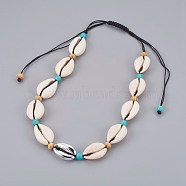 Adjustable Cowrie Shell and Synthetic Turquoise Beaded Necklaces, with Electroplated Sea Shell Beads and Wood Beads, Nylon Cord, Silver, 13~25.2 inch(33~64cm)(NJEW-JN02300-01)