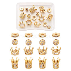Brass Micro Pave Clear Cubic Zirconia Beads, Crown & Round & Flat Round, Golden, 6~13x2~10mm, Hole: 1~7mm, 16pcs/box(ZIRC-TA0001-10G)