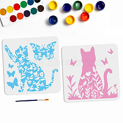 US 1 Set PET Hollow Out Drawing Painting Stencils, with 1Pc Art Paint Brushes, for Acrylic Painting Watercolor Oil Gouache, Cat Pattern, Painting Stencils: 300x300mm, 2 styles, 1pc/style(DIY-MA0001-39A)