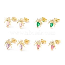 Brass Micro Pave Cubic Zirconia Stud Earring, Real 18K Gold Plated, Spider, Mixed Color, 9.5x8mm, Pin: 1mm(EJEW-C021-07G)