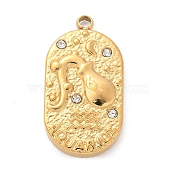 304 Stainless Steel Pendants, with Rhinestone, Oval with Constellation Charm, Real 18K Gold Plated, Aquarius, 25x13x3mm, Hole: 1.8mm(STAS-F349-03G-01)